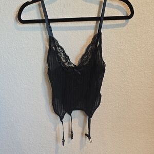Black Lace Sheer Striped Garter Cami Top with Adjustable Straps